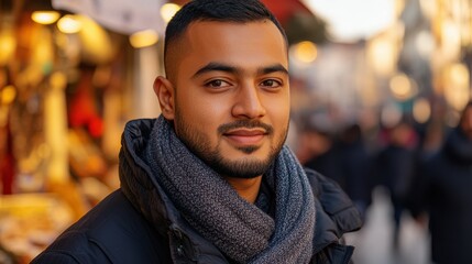 Fototapeta premium A young man with a stylish beard and a scarf stands confidently in a bustling market as gentle sunlight casts a warm glow, highlighting the lively atmosphere around him