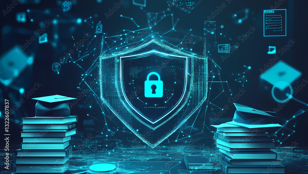 Poster data security concept: a digital shield protecting knowledge and information, in a captivating depic