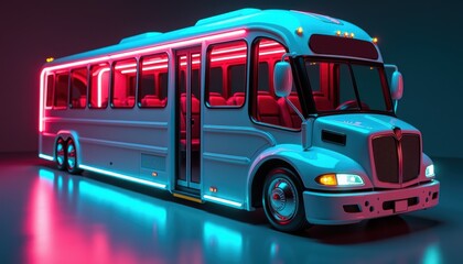 Close-Up of Luxury Party Bus with Neon LED Lights and Futuristic Design