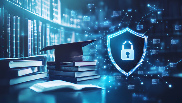 Digital Security for Education: A visual narrative blending the traditional learning with modern technology, highlighting data safety and protection in the educational realm.