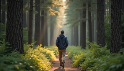 Obraz premium Man Walking Through Dense Forest, Immersed in Nature and Mindfulness