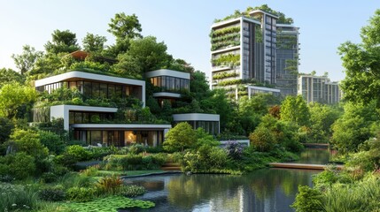 Obraz premium Eco-friendly modern homes, lush green landscape.