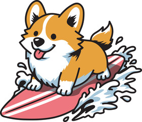Cute corgi dog surfing cartoon drawing illustration