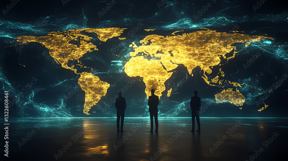 Poster global perspective: a captivating scene of three silhouettes standing before a mesmerizing, glowing 
