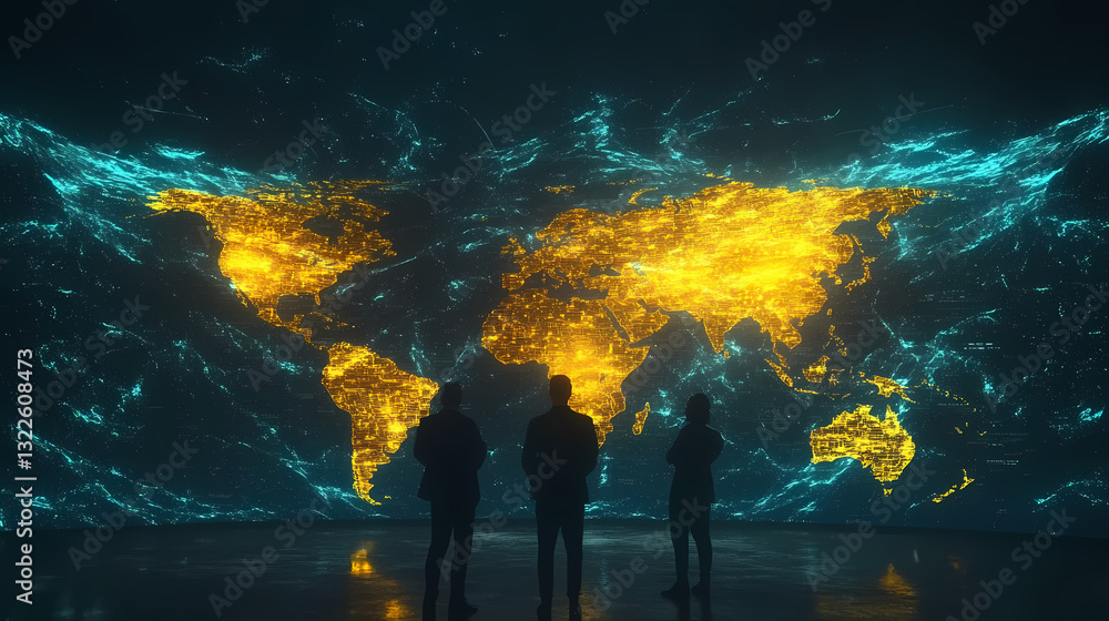 Poster global strategy: three figures, illuminated by a captivating glow, gaze intently at an interactive d