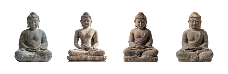 Four Unique Stone Buddha Statues with Serene Expressions and Calm Poses