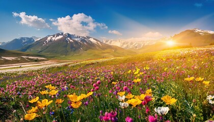 Vibrant Blossoms Blaze Across a Sunlit Spring Meadow, Capturing the Essence of Rebirth and Renewal in the Warmth of Early Afternoon.