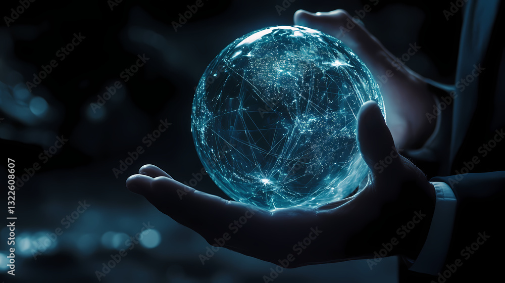 Poster global network: a conceptual depiction of hands cradling a glowing sphere, symbolizing the interconn