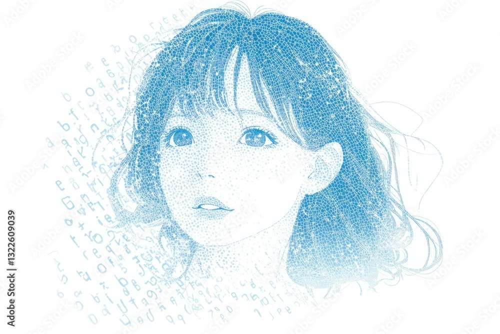 Poster abstract illustration of a young woman with flowing hair composed of binary code, representing digit