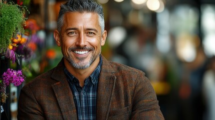 Fototapeta premium A man with gray hair and a beard smiles warmly while wearing a brown jacket over a plaid shirt. The background features colorful flowers and lively shoppers