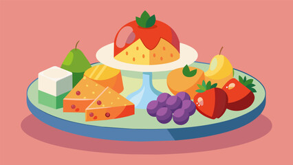 Elevate your snack game with a premium selection of unusual fruits and imported cheeses served on a crystal platter.. Vector illustration