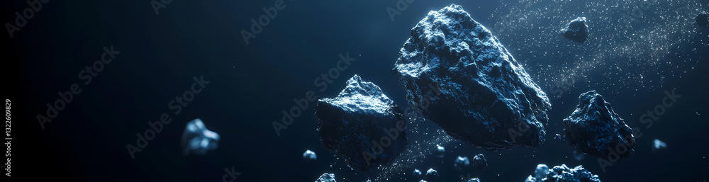 Poster celestial bodies: a breathtaking image capturing a cluster of celestial rocks floating freely in the