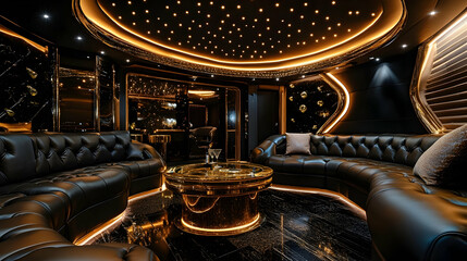 Luxurious lounge with ambient LED ceiling lights, gold coffee table, and black leather sofas