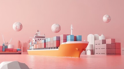 Naklejka premium 3D rendered import-export logistics in pastel tones, flat design, visualizing global cargo transport. 