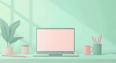 Desktop Workspace: A modern workstation featuring a sleek laptop, potted plant, pencil holder, and mug, all harmoniously arranged against a serene pastel backdrop.