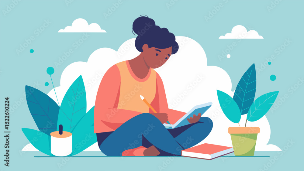 Poster in the midst of a busy work day a person takes a break to write in their journal using this mindful 