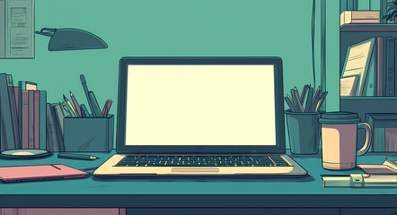 Fototapeta premium Workspace serenity: A tranquil workspace setup showcasing a laptop with a blank screen. The desk is meticulously organized, complete with essential stationery, books, a mug, and a cup of coffee.