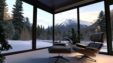 Fototapeta premium Cozy winter interior with modern furniture, a stunning mountain view through large windows, and soft natural light, creating a tranquil atmosphere for relaxation