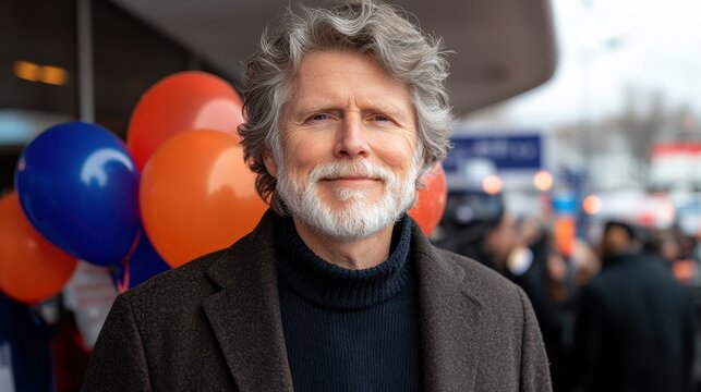 A senior man with gray hair and a beard stands outdoors amid colorful balloons, enjoying a community gathering in spring. He radiates warmth and friendliness