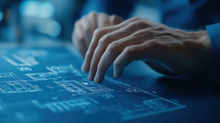 Hands interacting with futuristic interface.