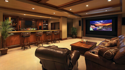 Modern basement interior featuring a cozy home theater and a stylish bar setup