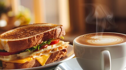 A close-up of a sandwich, a hot cup of coffee, and a glass of fresh milk. A sandwich with crispy toasted bread, melted cheese, and fresh ingredients.