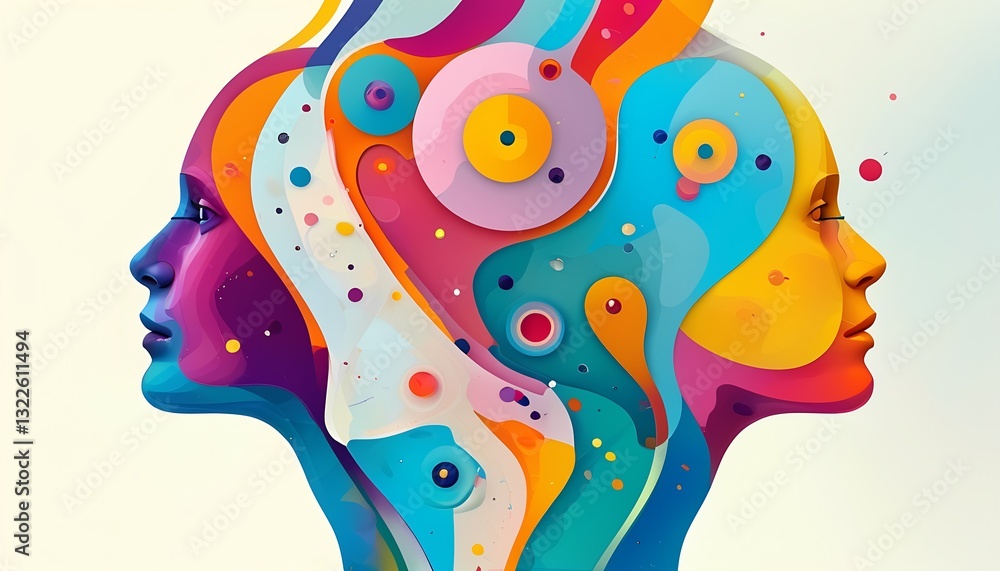 Poster dynamic visual representation of duality in colorful faces artistic installation studio environment 