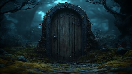 A weathered wooden door stands inviting in a mysterious forest setting