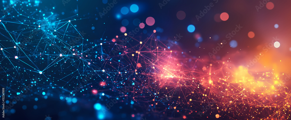 Poster digital cosmos: an abstract representation of interconnected digital data, with a vibrant network of