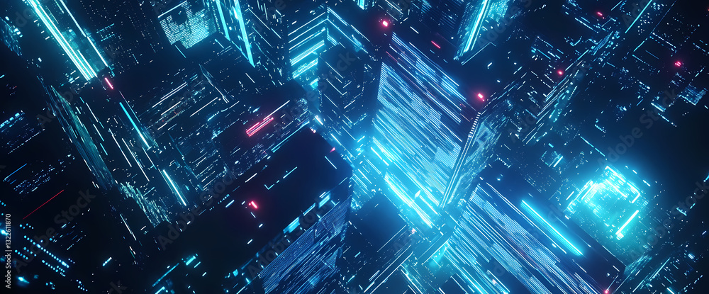 Poster digital blueprint: a futuristic digital blueprint with lines and glowing structures.