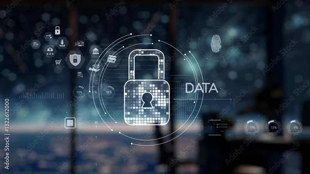 Aufkleber a futuristic robot arm points at a digital data security interface featuring a padlock symbol, repre