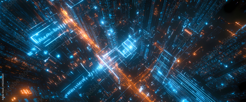 Poster technological grid: abstract digital grid lit with neon lights representing interconnectedness, netw