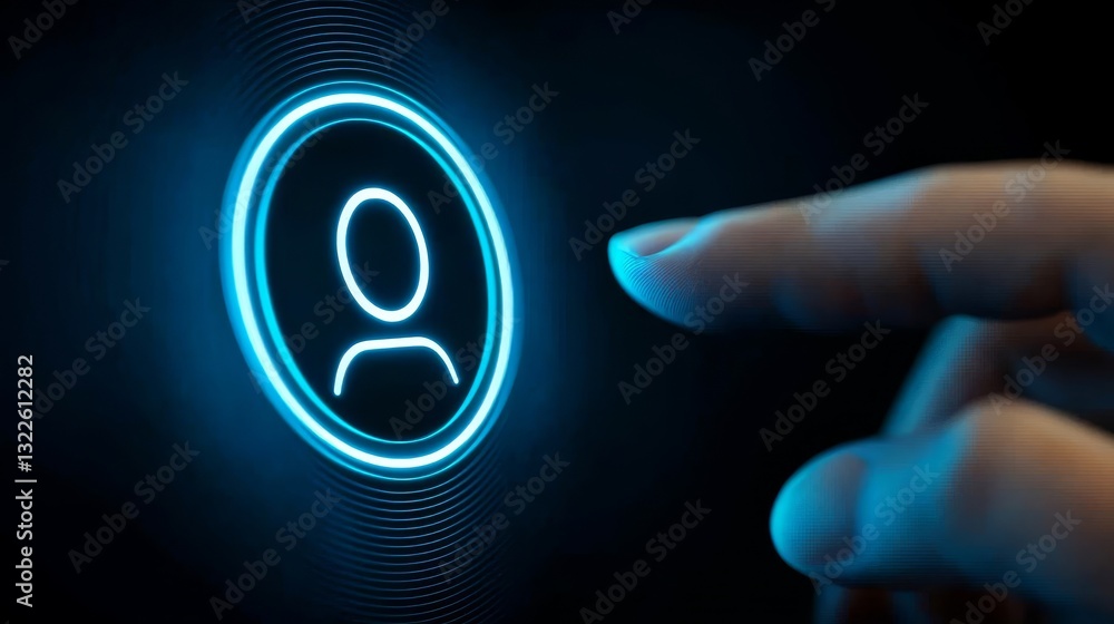 Poster human finger activating a button, interface interaction, control, and automation in technological sy