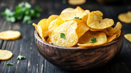 Crispy Potato Chips in Wooden Bowl