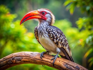 Obraz premium Majestic Red-billed Hornbill Bird Perched on Branch in Lush Tropical Rainforest