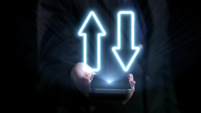 This image illustrates the relationship between quality and cost through a smartphone display, featuring glowing arrows that emphasize key performance metrics in business. Qubit