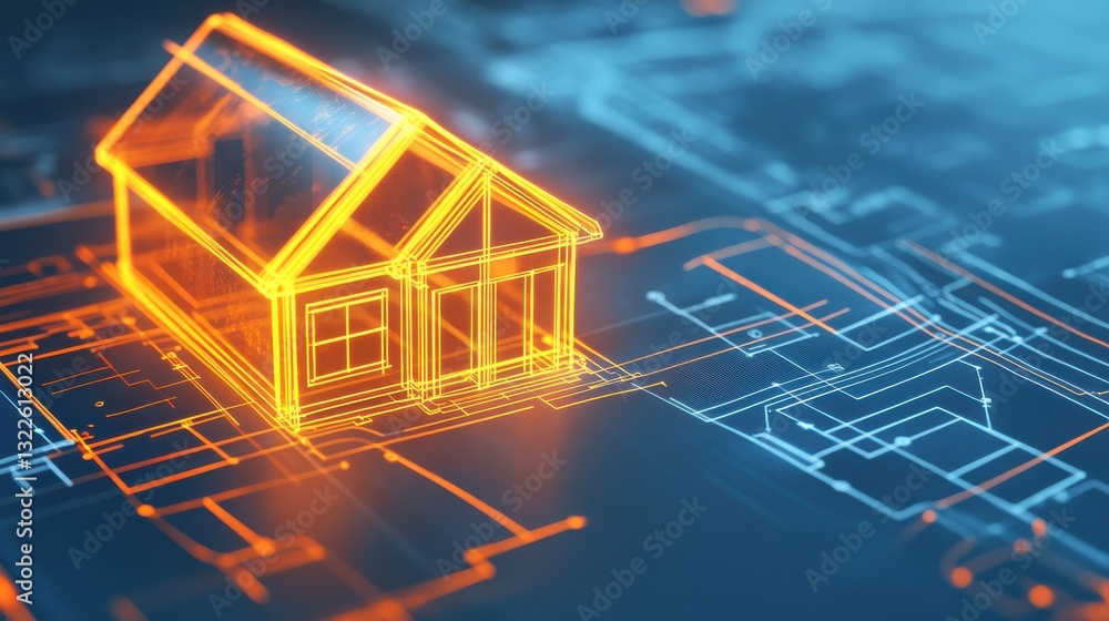 Poster 3d rendering of a glowing house model on digital blueprint background, concept of architecture and t