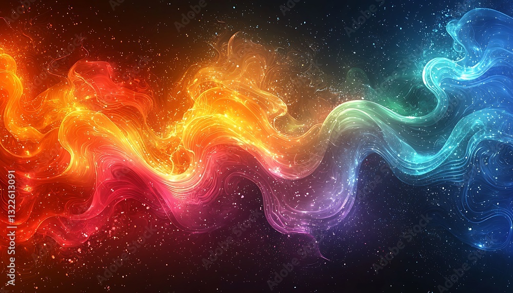 Poster abstract colorful flowing lines with scattered illuminated particle effects