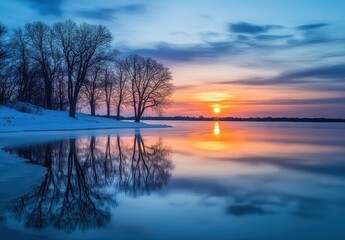Obraz premium Serene Winter Sunset Over Calm Water with Tree Reflections in Horizontal Format, Capturing Nature's Beauty in a Peaceful Winter Scene