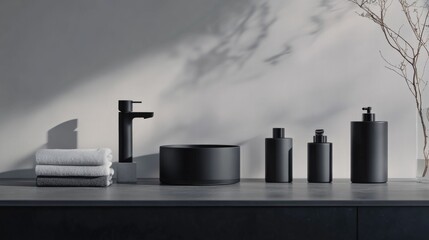 A minimalist bathroom setup showcasing black fixtures and accessories with towels