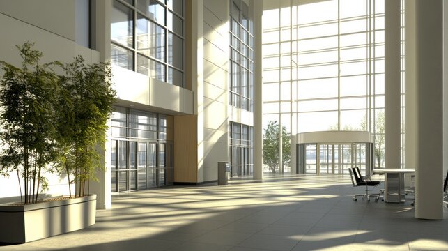 Sunlit modern building atrium lobby interior.
