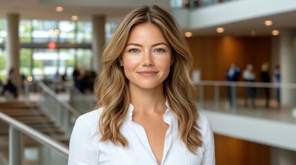 Fototapeta premium A confident woman with long hair is smiling while dressed in a white blouse. She stands in a contemporary office environment where a networking event is taking place