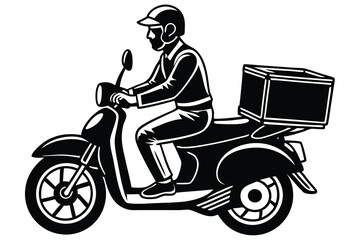 Fototapeta premium Courier Man carrying package on motorbike Silhouette, Delivery men carry a box black Vector