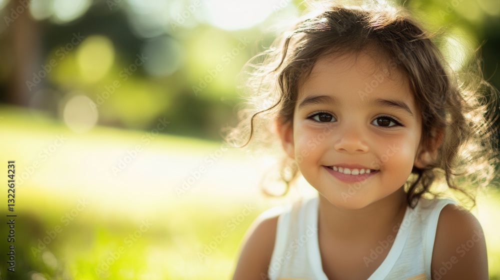 Poster smiling child enjoys sunny day in park surrounded by green grass and soft sunlight