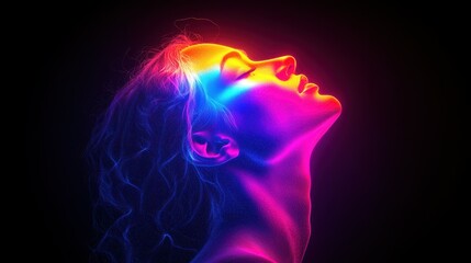 A woman tilts her head back, enveloped in an array of vivid neon colors. The glowing hues accentuate her features, creating a striking contrast against the dark backdrop