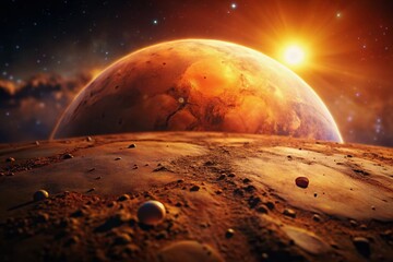 Martian Landscape: Red Planet Bokeh, Dramatic Night Sky Stock Photo