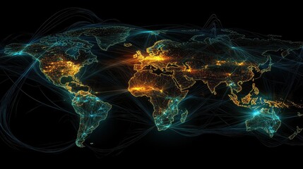 Digital globe with connected trade routes, global network, world trade. 