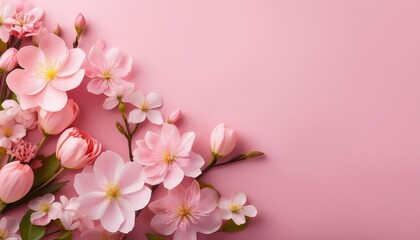 Vibrant Blossoms Bathed in Pastel Hues on a Soft Pink Canvas, Celebrating the Arrival of Springs Glorious Palette.