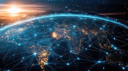 Digital globe with connected trade routes, global network, world trade. 