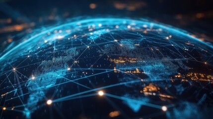 Digital globe with connected trade routes, global network, world trade.